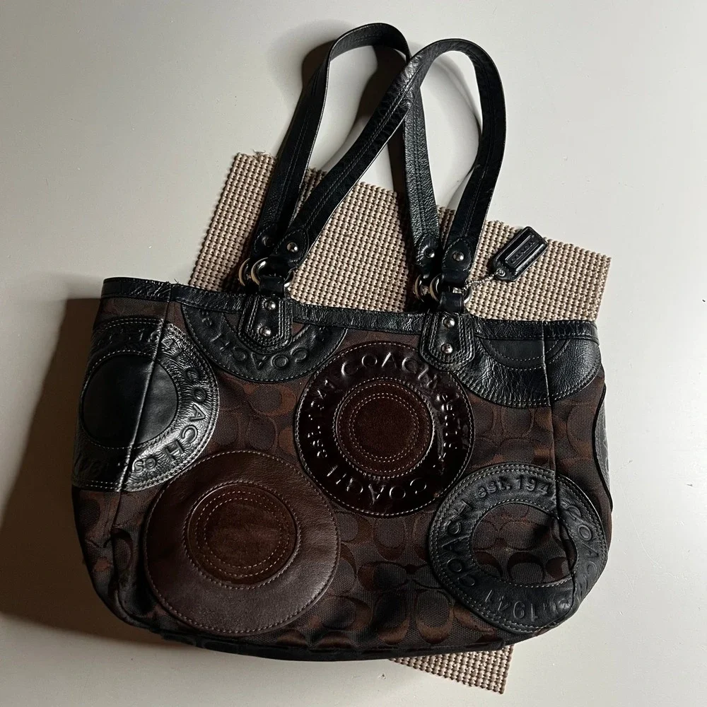 Coach Audrey Signature Patchwork Tote Brown Black Jacquard Leather Bag F15466
